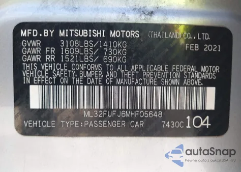 2021 Mitsubishi Mirage G4 Carbonite Edition/Es/Le from USA, damaged, VIN ML32FUFJ6MHF05648
